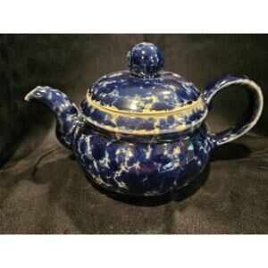 Bennington Pottery Agate Blue Eight Cup Teapot with Lid Glazed Sponge Ware